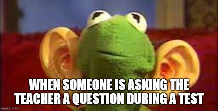 heavily inspired by Themadmax | WHEN SOMEONE IS ASKING THE TEACHER A QUESTION DURING A TEST | image tagged in kermit the frog,test,school,teacher | made w/ Imgflip meme maker