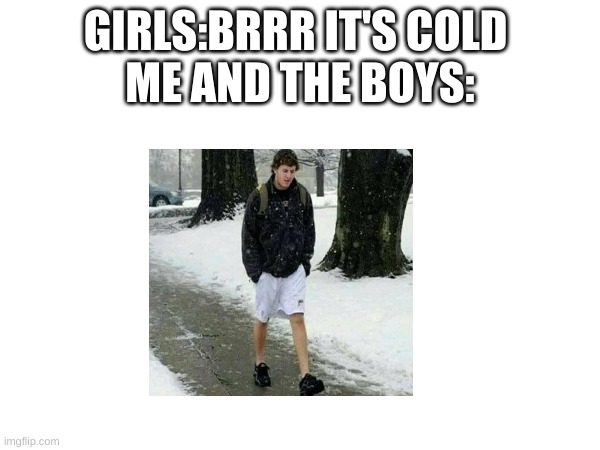 complaining is stupid | GIRLS:BRRR IT'S COLD 

ME AND THE BOYS: | image tagged in cold weather | made w/ Imgflip meme maker