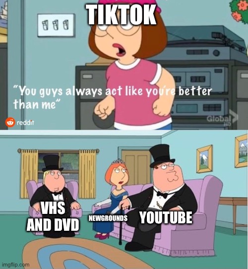 My childhood stuff is way better than TikTok | TIKTOK; YOUTUBE; VHS AND DVD; NEWGROUNDS | image tagged in you guys always act like you're better than me,tiktok sucks | made w/ Imgflip meme maker