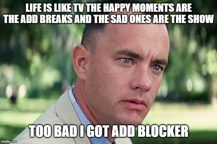 And Just Like That Meme | LIFE IS LIKE TV THE HAPPY MOMENTS ARE THE ADD BREAKS AND THE SAD ONES ARE THE SHOW; TOO BAD I GOT ADD BLOCKER | image tagged in memes,and just like that | made w/ Imgflip meme maker