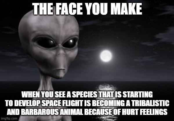 This is why Aliens won't visit us | THE FACE YOU MAKE; WHEN YOU SEE A SPECIES THAT IS STARTING TO DEVELOP SPACE FLIGHT IS BECOMING A TRIBALISTIC AND BARBAROUS ANIMAL BECAUSE OF HURT FEELINGS | image tagged in why aliens won't talk to us | made w/ Imgflip meme maker