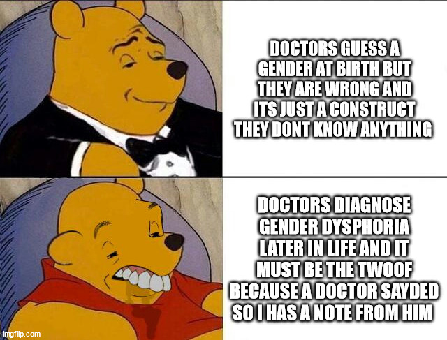 Tuxedo Winnie the Pooh grossed reverse | DOCTORS GUESS A GENDER AT BIRTH BUT THEY ARE WRONG AND ITS JUST A CONSTRUCT THEY DONT KNOW ANYTHING; DOCTORS DIAGNOSE GENDER DYSPHORIA LATER IN LIFE AND IT MUST BE THE TWOOF BECAUSE A DOCTOR SAYDED SO I HAS A NOTE FROM HIM | image tagged in tuxedo winnie the pooh grossed reverse | made w/ Imgflip meme maker