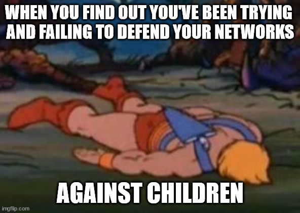 Advanced Persistent Teens | WHEN YOU FIND OUT YOU'VE BEEN TRYING 
AND FAILING TO DEFEND YOUR NETWORKS; AGAINST CHILDREN | image tagged in he-man gives up | made w/ Imgflip meme maker