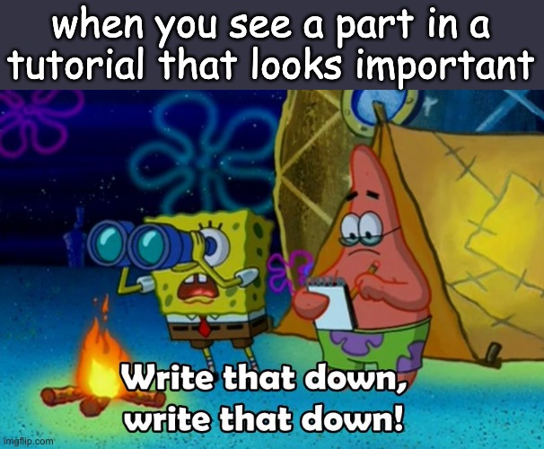 i do this everytime | when you see a part in a tutorial that looks important | image tagged in write that down | made w/ Imgflip meme maker