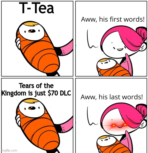 People who say this do not fundamentally know what a DLC is | T-Tea; Tears of the Kingdom is just $70 DLC | image tagged in aww his last words,tears of the kingdom,totk,gaming,legend of zelda,well yes but actually no | made w/ Imgflip meme maker