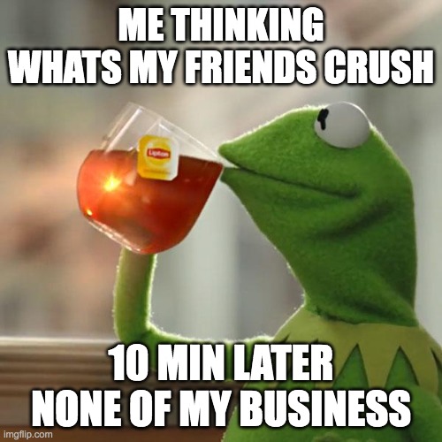 But That's None Of My Business Meme | ME THINKING WHATS MY FRIENDS CRUSH; 10 MIN LATER NONE OF MY BUSINESS | image tagged in memes,but that's none of my business,kermit the frog | made w/ Imgflip meme maker