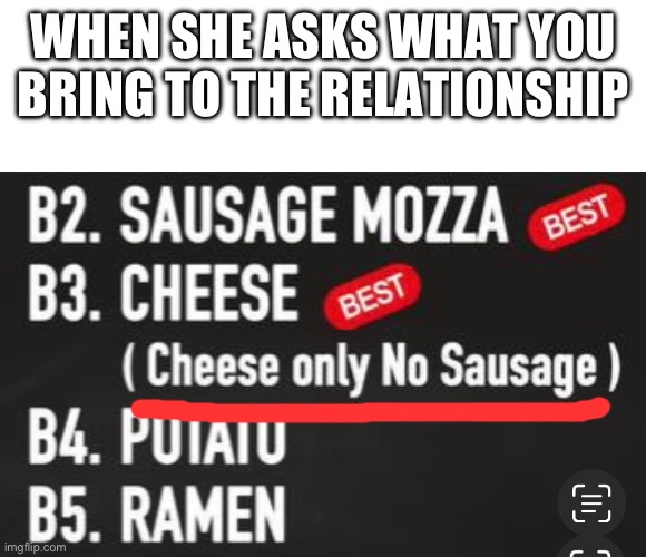 Fromunda | WHEN SHE ASKS WHAT YOU BRING TO THE RELATIONSHIP | image tagged in cheese,sausage,relationships | made w/ Imgflip meme maker