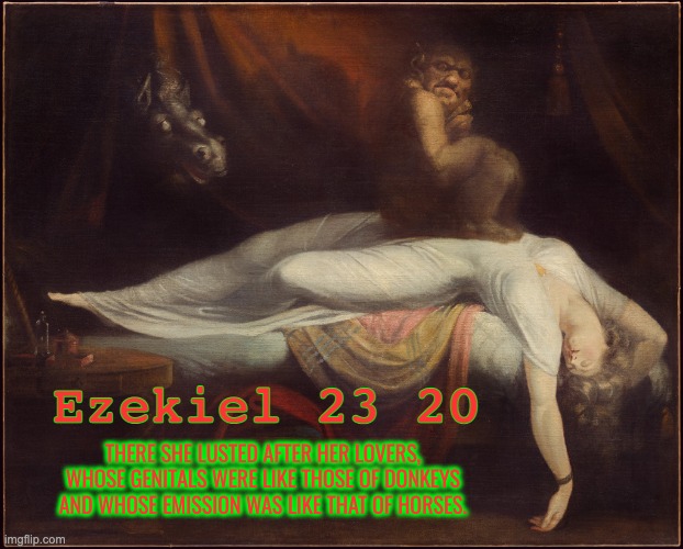 Ezekiel 23 20 | Ezekiel 23 20; THERE SHE LUSTED AFTER HER LOVERS, WHOSE GENITALS WERE LIKE THOSE OF DONKEYS AND WHOSE EMISSION WAS LIKE THAT OF HORSES. | image tagged in the nightmare | made w/ Imgflip meme maker