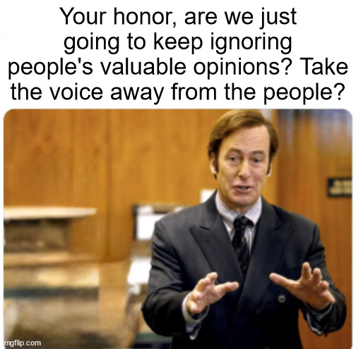 Your honour, my client | Your honor, are we just going to keep ignoring people's valuable opinions? Take the voice away from the people? | image tagged in your honour my client | made w/ Imgflip meme maker