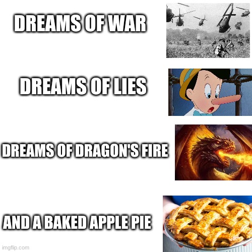 Metallica Misheard Lyrics (kings.little.fox: what is blud waffling on about /j) | DREAMS OF WAR; DREAMS OF LIES; DREAMS OF DRAGON'S FIRE; AND A BAKED APPLE PIE | image tagged in heavy metal,metallica,enter sandman | made w/ Imgflip meme maker