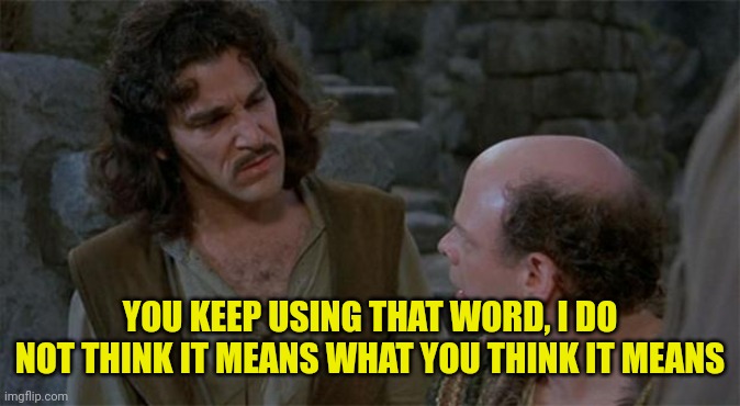 Princess Bride | YOU KEEP USING THAT WORD, I DO NOT THINK IT MEANS WHAT YOU THINK IT MEANS | image tagged in princess bride | made w/ Imgflip meme maker