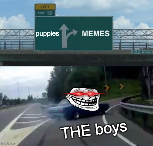 Left Exit 12 Off Ramp | puppies; MEMES; THE boys | image tagged in memes,left exit 12 off ramp | made w/ Imgflip meme maker