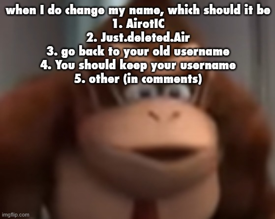 kinkey dong | when I do change my name, which should it be
1. AirotIC
2. Just.deleted.Air
3. go back to your old username
4. You should keep your username
5. other (in comments) | image tagged in kinkey dong | made w/ Imgflip meme maker