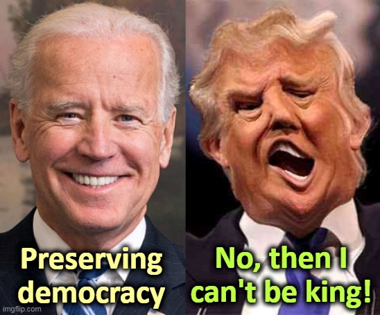 A test of your patriotism | No, then I can't be king! Preserving
democracy | image tagged in biden smile trump crazy acid,biden,democracy,trump,tyranny | made w/ Imgflip meme maker