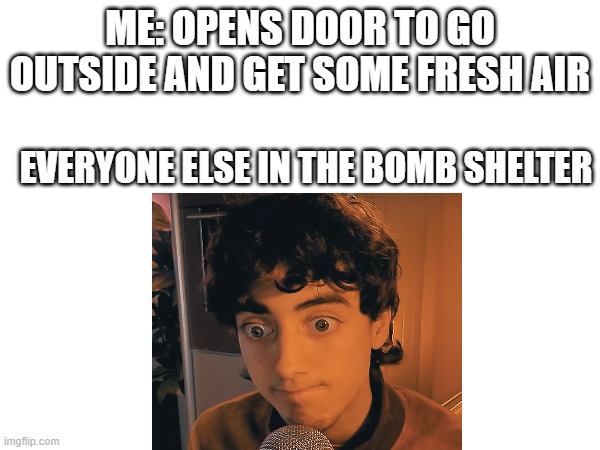 ME: OPENS DOOR TO GO OUTSIDE AND GET SOME FRESH AIR; EVERYONE ELSE IN THE BOMB SHELTER | image tagged in memes | made w/ Imgflip meme maker