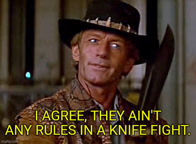 Crocodile Dundee Knife | I AGREE, THEY AIN'T ANY RULES IN A KNIFE FIGHT. | image tagged in crocodile dundee knife | made w/ Imgflip meme maker