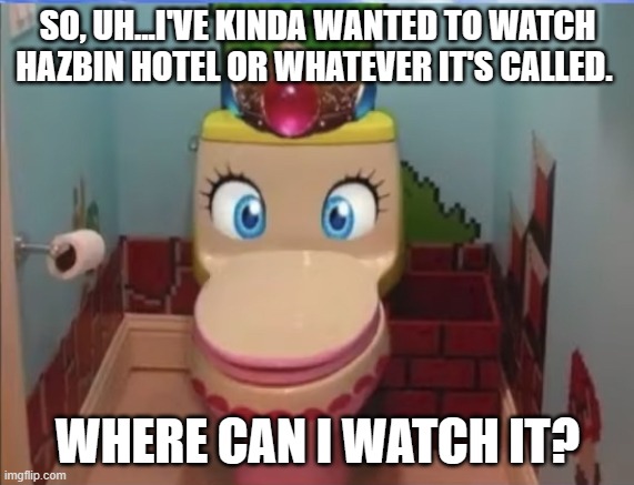 please help there is a lasagna in my ass. | SO, UH...I'VE KINDA WANTED TO WATCH HAZBIN HOTEL OR WHATEVER IT'S CALLED. WHERE CAN I WATCH IT? | image tagged in peach toilet | made w/ Imgflip meme maker