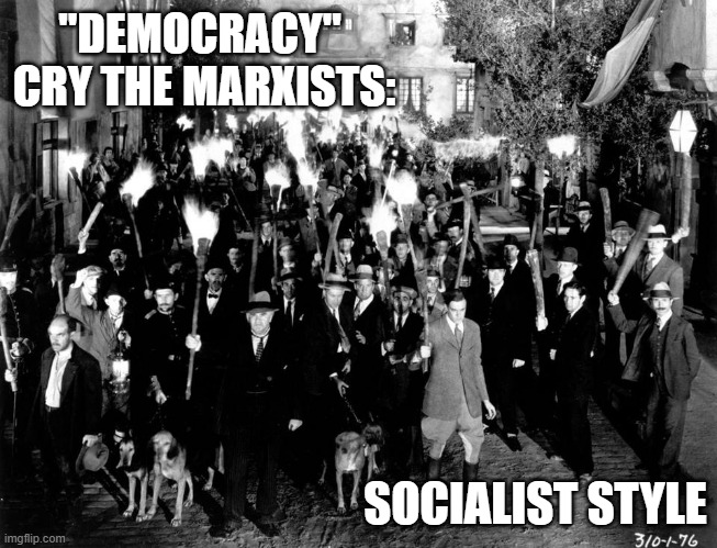 DEMOCRACY via CRITICAL THEORY | "DEMOCRACY" 
CRY THE MARXISTS: SOCIALIST STYLE | image tagged in torch pitchfork mob,social justice warriors,democratic socialism,ronald reagan,john kerry,hillary clinton | made w/ Imgflip meme maker