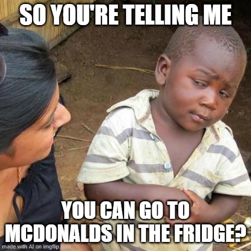 Third World Skeptical Kid | SO YOU'RE TELLING ME; YOU CAN GO TO MCDONALDS IN THE FRIDGE? | image tagged in memes,third world skeptical kid | made w/ Imgflip meme maker