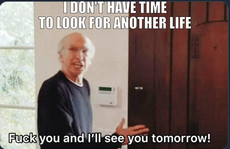 WE CANNOT BE SEPARATED | I DON'T HAVE TIME TO LOOK FOR ANOTHER LIFE | image tagged in f k you i'll see you tomorrow,meme,larry david | made w/ Imgflip meme maker