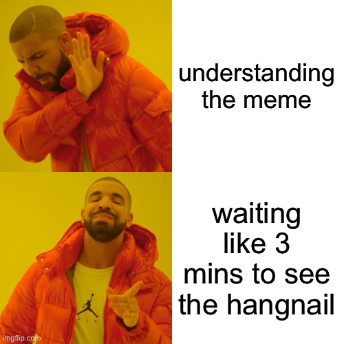 first unsubmitted image, context link in comments | understanding the meme; waiting like 3 mins to see the hangnail | image tagged in memes,drake hotline bling | made w/ Imgflip meme maker