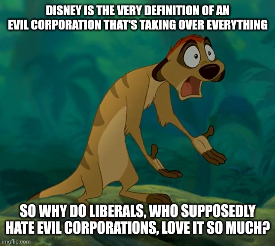 baffled timon | DISNEY IS THE VERY DEFINITION OF AN EVIL CORPORATION THAT'S TAKING OVER EVERYTHING; SO WHY DO LIBERALS, WHO SUPPOSEDLY HATE EVIL CORPORATIONS, LOVE IT SO MUCH? | image tagged in baffled timon | made w/ Imgflip meme maker