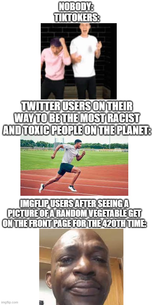 social media meme compilation #1 | NOBODY:
 TIKTOKERS:; TWITTER USERS ON THEIR WAY TO BE THE MOST RACIST AND TOXIC PEOPLE ON THE PLANET:; IMGFLIP USERS AFTER SEEING A PICTURE OF A RANDOM VEGETABLE GET ON THE FRONT PAGE FOR THE 420TH TIME: | image tagged in social media,reddit,meanwhile on imgflip,tiktok sucks | made w/ Imgflip meme maker