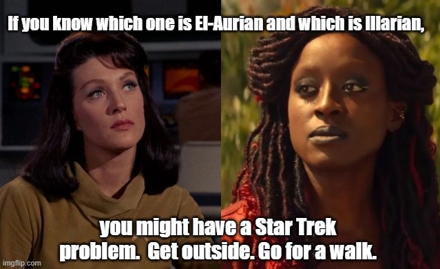 Star Trek problem | If you know which one is El-Aurian and which is Illarian, you might have a Star Trek problem.  Get outside. Go for a walk. | image tagged in guinan,una chin riley,number one,star trek | made w/ Imgflip meme maker