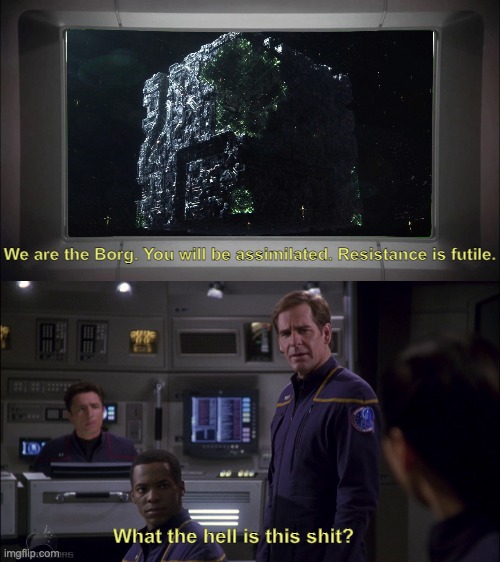 Playing on hard mode | We are the Borg. You will be assimilated. Resistance is futile. What the hell is this shit? | image tagged in star trek,star trek enterprise,enterprise,archer,borg | made w/ Imgflip meme maker
