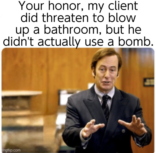 Your honour, my client | Your honor, my client did threaten to blow up a bathroom, but he didn't actually use a bomb. | image tagged in your honour my client | made w/ Imgflip meme maker