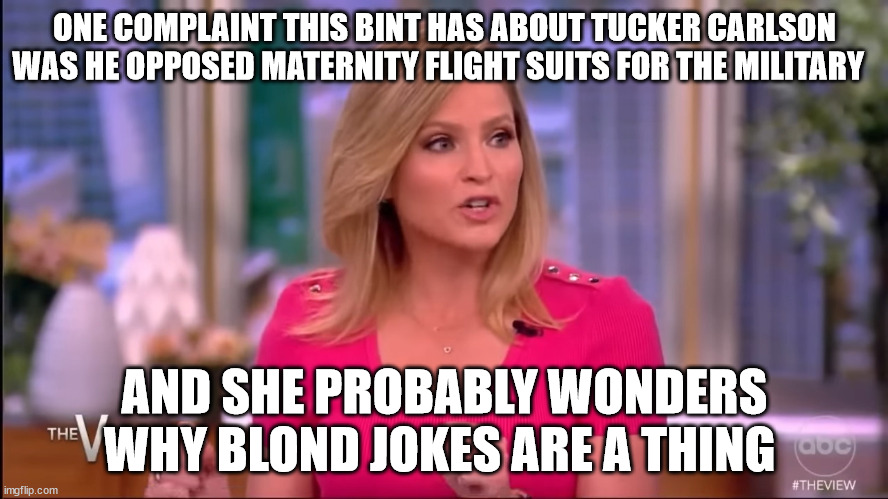 ONE COMPLAINT THIS BINT HAS ABOUT TUCKER CARLSON WAS HE OPPOSED MATERNITY FLIGHT SUITS FOR THE MILITARY; AND SHE PROBABLY WONDERS WHY BLOND JOKES ARE A THING | made w/ Imgflip meme maker