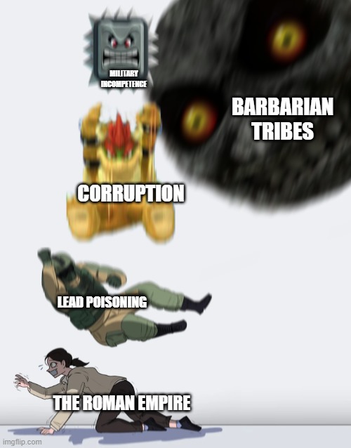 Fall of Rome | MILITARY INCOMPETENCE; BARBARIAN TRIBES; CORRUPTION; LEAD POISONING; THE ROMAN EMPIRE | image tagged in crushing combo | made w/ Imgflip meme maker
