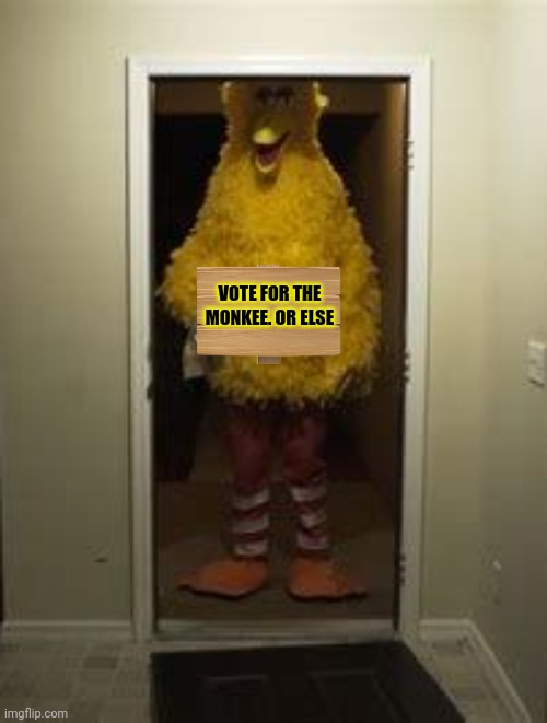 Big Bird Door | VOTE FOR THE MONKEE. OR ELSE | image tagged in big bird door | made w/ Imgflip meme maker