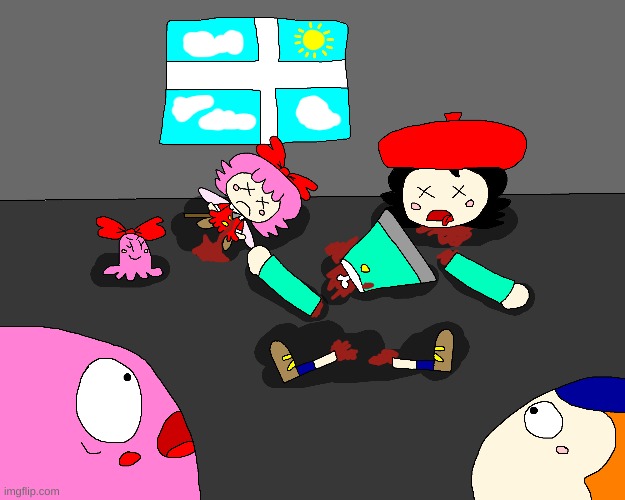 The murder of Adeleine and Ribbon | image tagged in kirby,gore,murder,death,parody,comics/cartoons | made w/ Imgflip meme maker