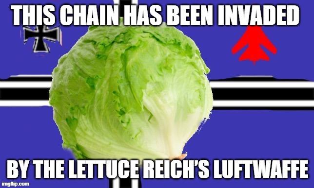 From vilin7_2 | THIS CHAIN HAS BEEN INVADED; BY THE LETTUCE REICH’S LUFTWAFFE | image tagged in lettuce | made w/ Imgflip meme maker