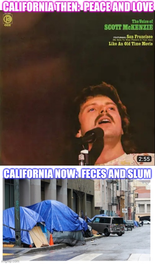 Great Job Newsom! Go Libs! | CALIFORNIA THEN:  PEACE AND LOVE; CALIFORNIA NOW:  FECES AND SLUM | image tagged in libtard,fails,vote,republican,always | made w/ Imgflip meme maker