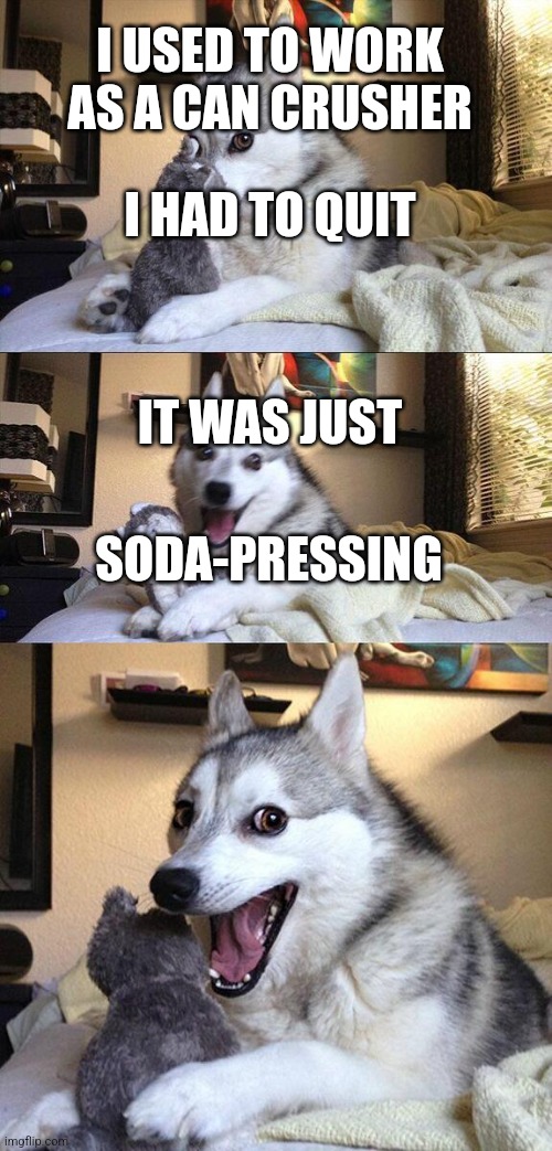 So sorry about the pun ??go slap | I USED TO WORK AS A CAN CRUSHER; I HAD TO QUIT; IT WAS JUST; SODA-PRESSING | image tagged in memes,bad pun dog | made w/ Imgflip meme maker