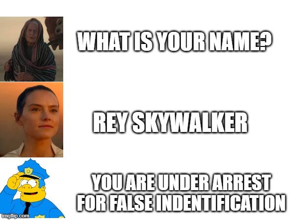 WHAT IS YOUR NAME? REY SKYWALKER; YOU ARE UNDER ARREST FOR FALSE INDENTIFICATION | made w/ Imgflip meme maker