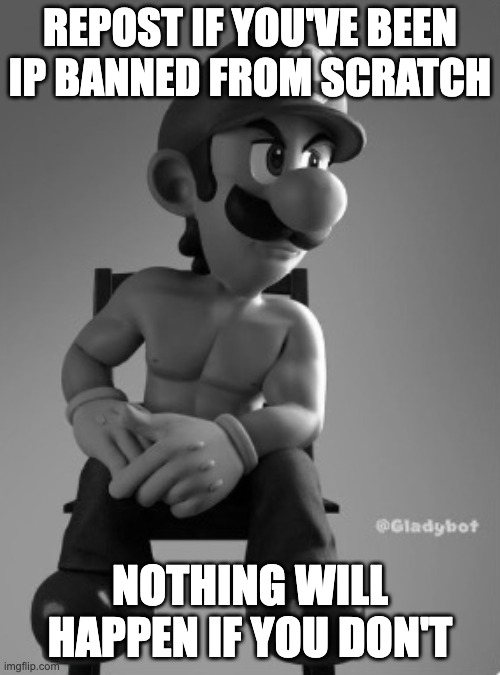 i have been for almost a year now | REPOST IF YOU'VE BEEN IP BANNED FROM SCRATCH; NOTHING WILL HAPPEN IF YOU DON'T | image tagged in luigi chad | made w/ Imgflip meme maker