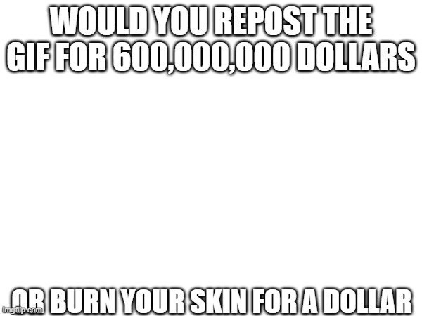 WOULD YOU REPOST THE GIF FOR 600,000,000 DOLLARS; OR BURN YOUR SKIN FOR A DOLLAR | made w/ Imgflip meme maker