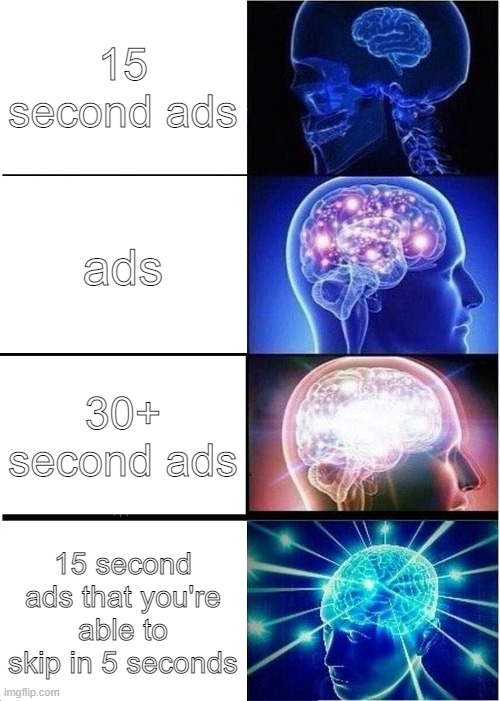 the best type of ads of all ads | 15 second ads; ads; 30+ second ads; 15 second ads that you're able to skip in 5 seconds | image tagged in funny,memes,expanding brain,smart,ads | made w/ Imgflip meme maker