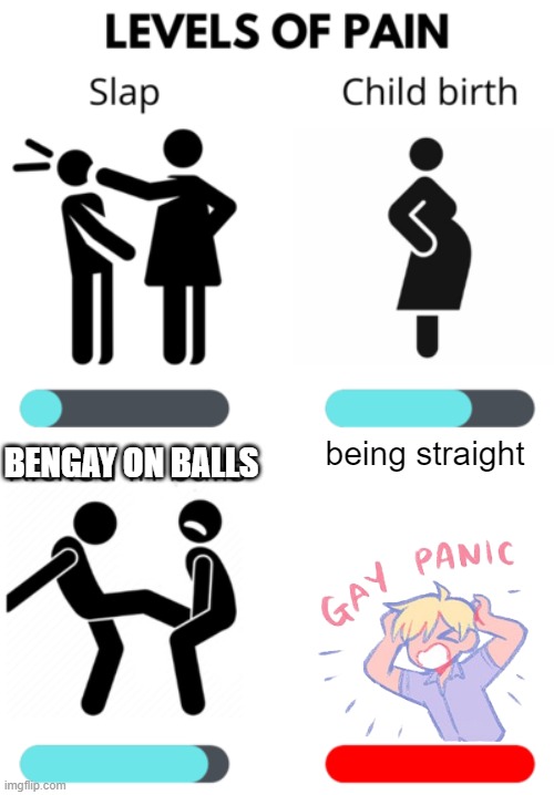 ahh, yes, pain. | being straight; BENGAY ON BALLS | image tagged in levels of pain,gay pride,gay,pain | made w/ Imgflip meme maker