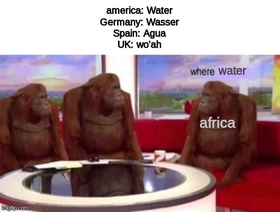 this is a joke | america: Water
Germany: Wasser
Spain: Agua
UK: wo'ah; water; africa | image tagged in where banana blank | made w/ Imgflip meme maker