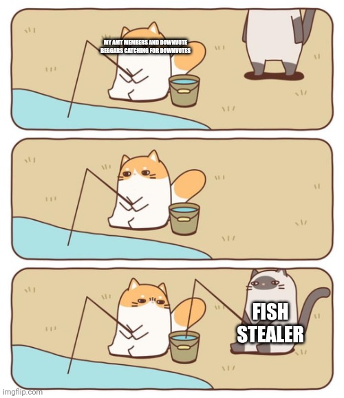 Fish-stealing cat | MY AMT MEMBERS AND DOWNVOTE BEGGARS CATCHING FOR DOWNVOTES; FISH STEALER | image tagged in fish-stealing cat | made w/ Imgflip meme maker