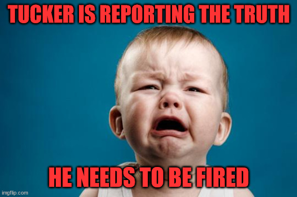 BABY CRYING | TUCKER IS REPORTING THE TRUTH HE NEEDS TO BE FIRED | image tagged in baby crying | made w/ Imgflip meme maker