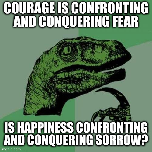 Is happiness an absence of sadness, or built on an acceptance of sadness? | COURAGE IS CONFRONTING AND CONQUERING FEAR; IS HAPPINESS CONFRONTING AND CONQUERING SORROW? | image tagged in memes,philosoraptor | made w/ Imgflip meme maker