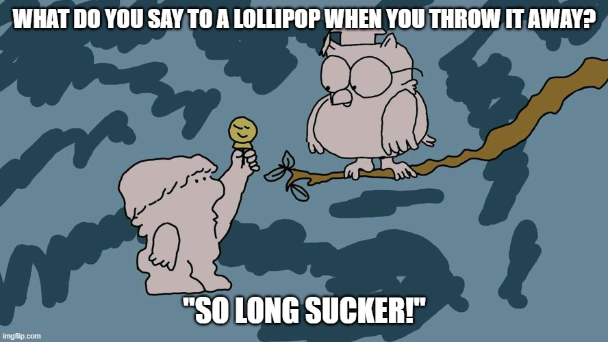 Daily Bad Dad Joke 04/27/2023 | WHAT DO YOU SAY TO A LOLLIPOP WHEN YOU THROW IT AWAY? "SO LONG SUCKER!" | image tagged in mr owl how many | made w/ Imgflip meme maker
