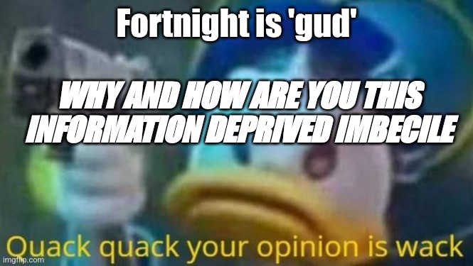 Duk is gud and tru | Fortnight is 'gud'; WHY AND HOW ARE YOU THIS INFORMATION DEPRIVED IMBECILE | image tagged in quack quack your opinion is wack | made w/ Imgflip meme maker