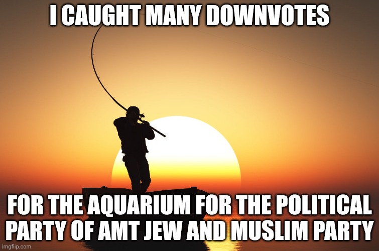 Fisherman at sunset | I CAUGHT MANY DOWNVOTES; FOR THE AQUARIUM FOR THE POLITICAL PARTY OF AMT JEW AND MUSLIM PARTY | image tagged in fisherman at sunset | made w/ Imgflip meme maker