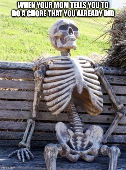 Waiting Skeleton | WHEN YOUR MOM TELLS YOU TO DO A CHORE THAT YOU ALREADY DID | image tagged in memes,waiting skeleton | made w/ Imgflip meme maker